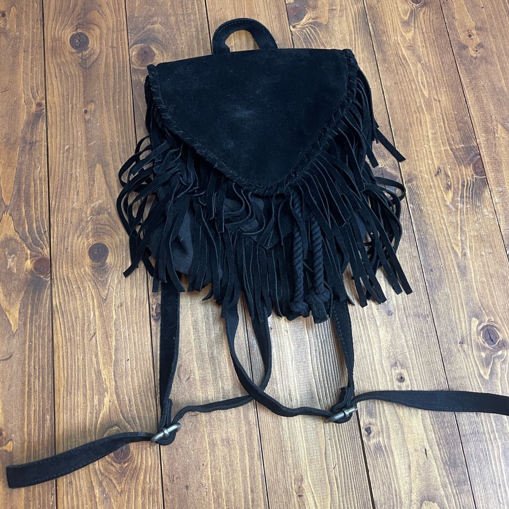 Zara Girls black canvas and suede fringe backpack